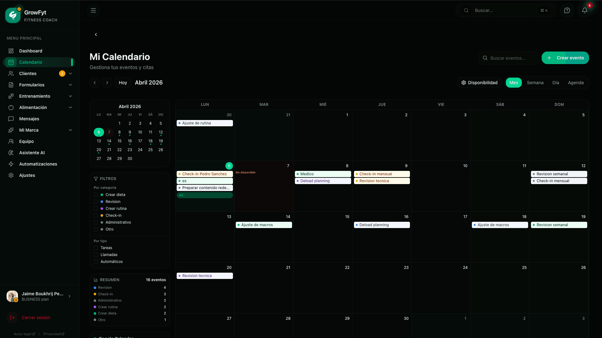 Vista previa del dashboard de GrowFyt para coaches